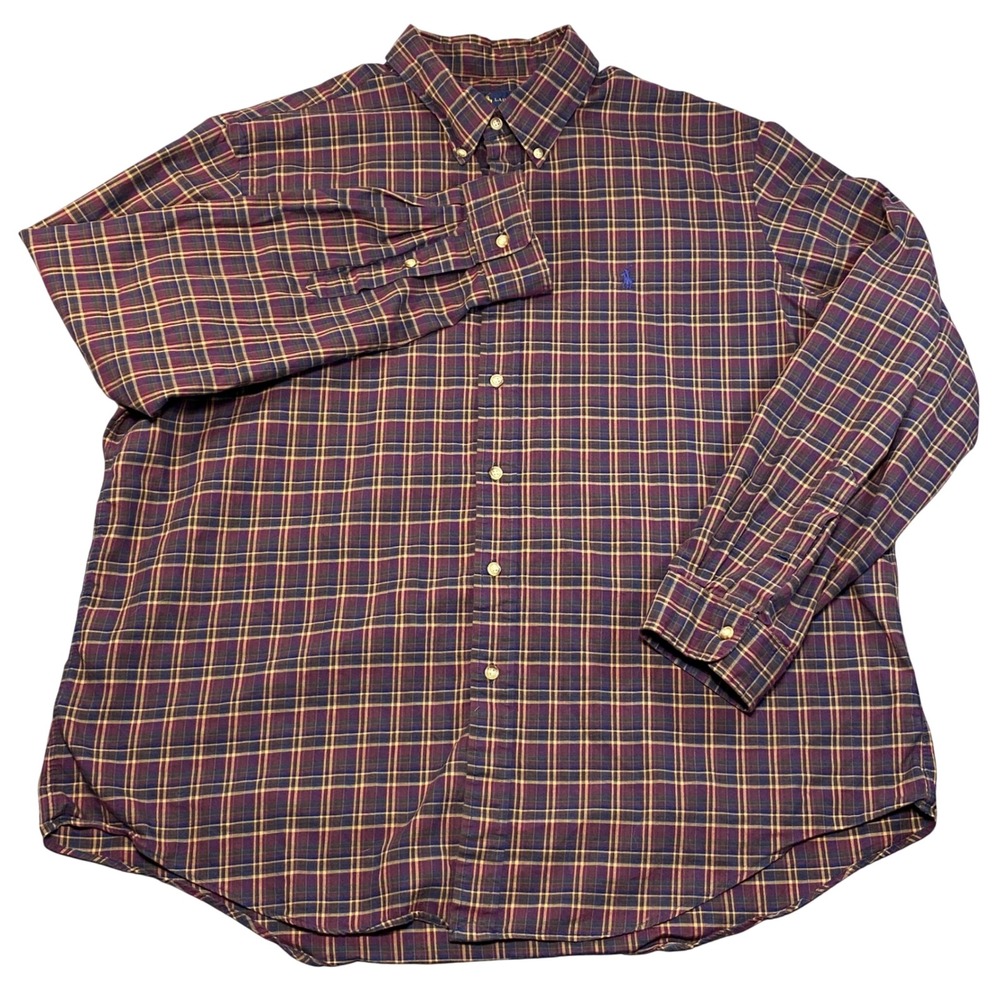 Ralph Lauren Mens‎ XXL Plaid Button Down Shirt Burgundy Gold Cotton Long Sleeve
